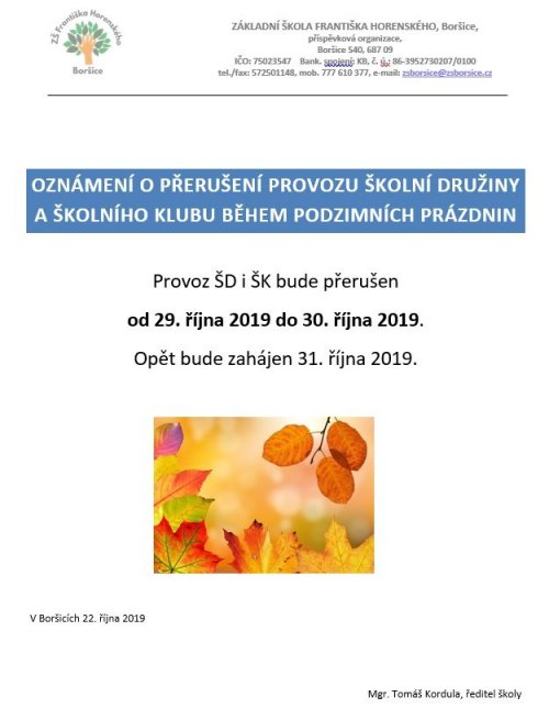 Přerušení provozu školní družiny a školního klubu