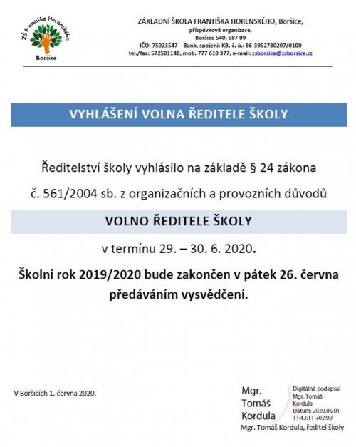 Ředitelské volno 29. - 30. června 2020